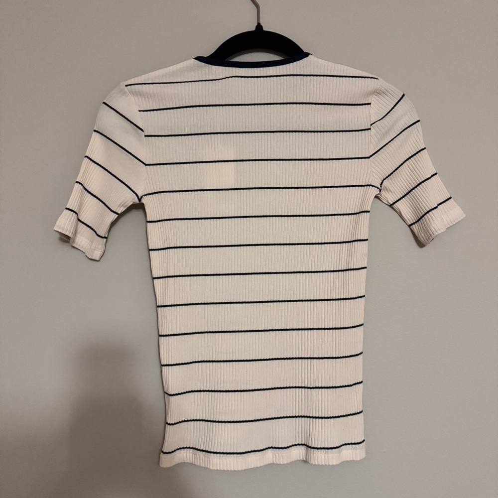Vince Ribbed Elbow Sleeve Top XXS NWT Cream Blue Luxury Knit Tee - Picture 3 of 13